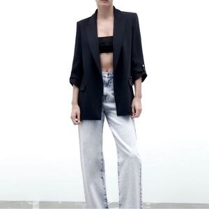 ZARA Black Oversized Open Front Roll Sleeve Blazer - size M